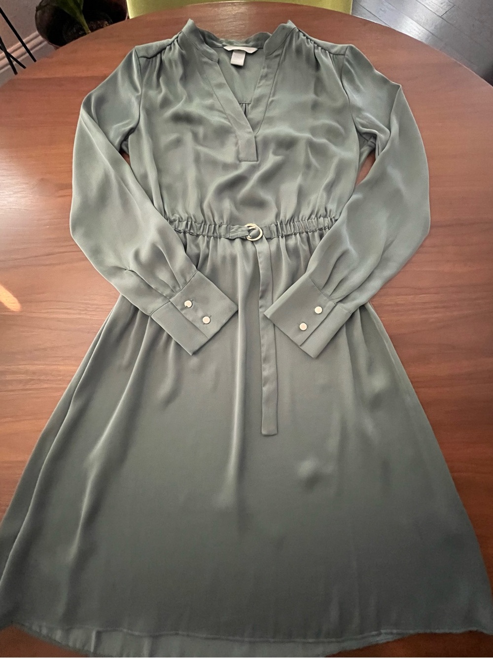H&M Long-Sleeve Midi Dress in Sage Green with Belt